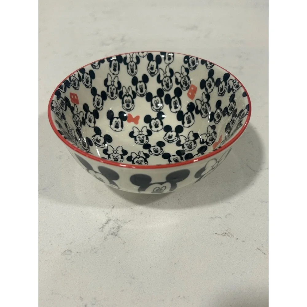 Disney Mickey and Minnie Mouse Ceramic Bowl Black White Red Rim - Picture 1 of 5